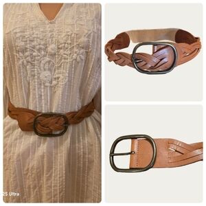 Vintage Saddle Brown Woven Leather Belt  Up To 29" Expandable